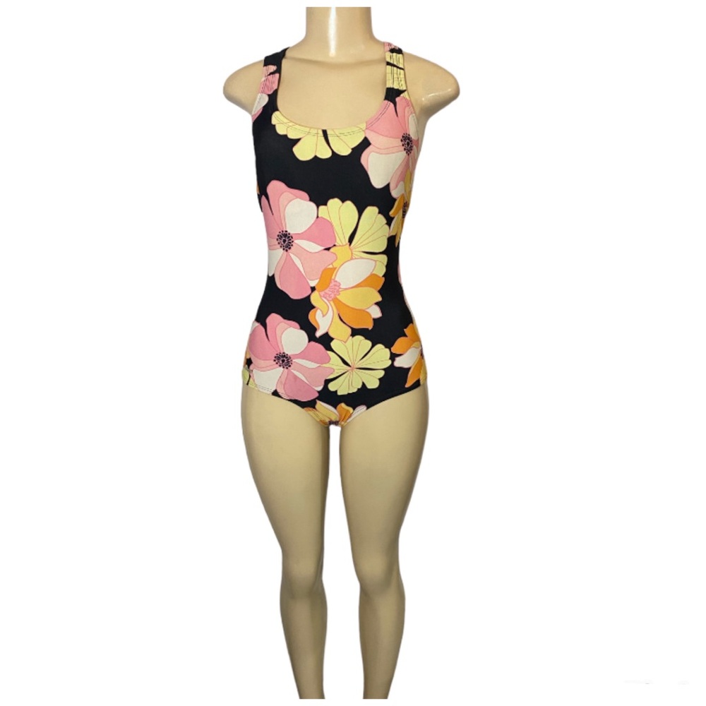Speedo One Piece Swimsuit Racerback Black Floral Sz 8 Full Coverage UPF 50+ - Picture 2 of 10